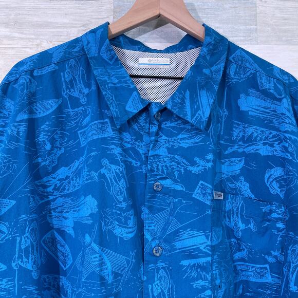 COLUMBIA PFG Trollers Best Short Sleeve Shirt Blue Print Fishing Boat Mens XXL - Picture 2 of 6
